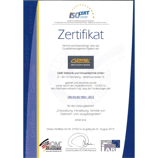 GeBE Elektronik und Feinwerktechnik GmbH Zertifikat nach DIN EN 9001 
